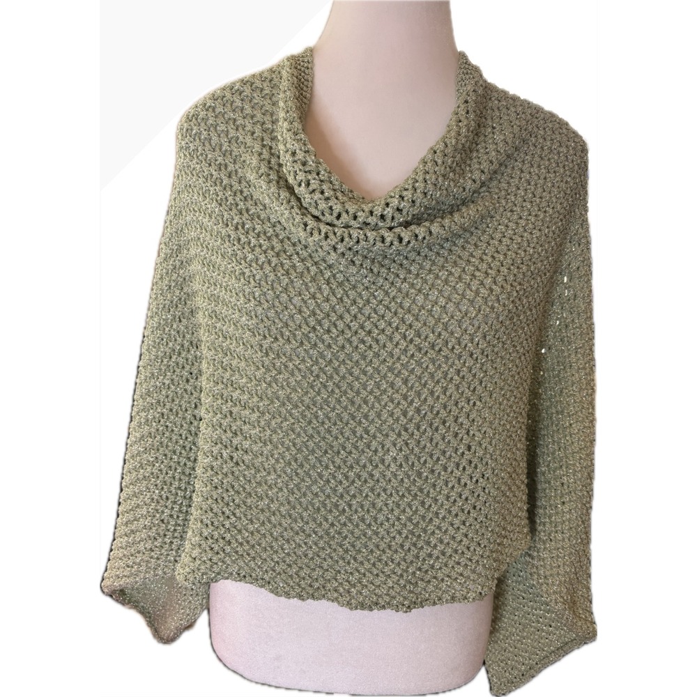 Chico's Metallic Gold‎ Knit Poncho Cowl Neck Shimmer Wrap One Size OS